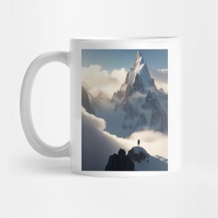 A breathtaking mountain-hiker standing at the summit. Mug